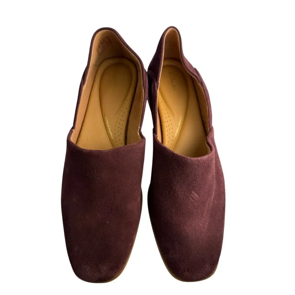 Clarks Women's Pure Belle Burgundy‎ Suede Slip On Dress Loafers Size 9.5 NWOB